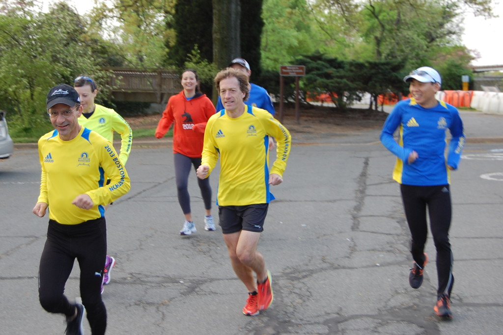Alan Pemberton, Janet Whittaker, Amanda Hamilton, Nick Haffenreffer, Robert Gillanders (obscured), and Dan Yi wore a variety of Boston Marathon shirts for their Saturday morning run, showing their support for the victims of the bombings and the marathon itself.                                                                                                 Photo: Charlie Ban
