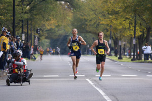 Patrick Fernandez and Richard "Skeeter" Morris barrel down Independence Avenue in mile 16 of the Marine Corps Marathon. Photo: Cheryl Young