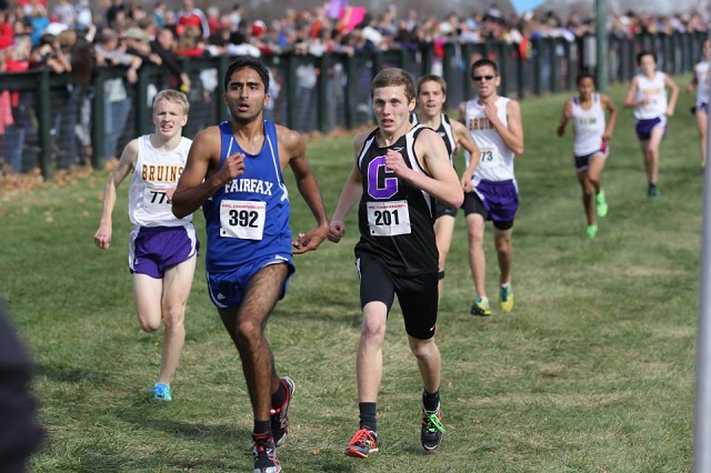 Fairfax's Aaqib Syed races Adam Huff to the line at the Virginia 6A boys state championship. Photo: Ed Lull