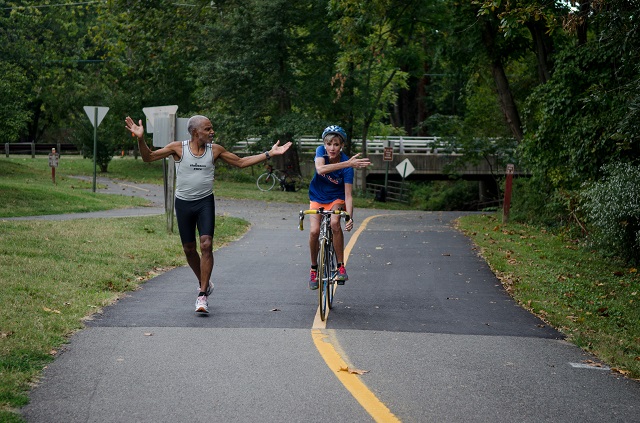 John Brittain and Betty Blank discuss the nuances of sharing the W&OD Trail. Photo: Jimmy Daly