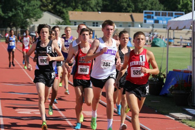 Andrew Goldman (right) leads the boys 6A 3200 meter at the state meet. He went on to win in 9:12.58. From right to left- Alex Corbett (Lake Braddock, 2nd in 9:15.14), Ryan McGorty (Chantilly, fifth in 9:26.74) Matt Calem (James Madison, third in 9:23.03) and Kevin Monogue (Lake Braddock, sixth in 9:27.15) Photo: Ed Lull