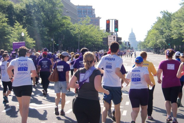 Runners and walkers head down Pennsylvania Avenue to start the PurpleStrides 5k. Photo: Maggie Lloyd