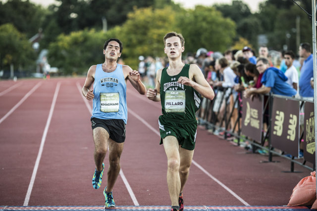 Amir Khaghani and Aidan Pillard both clock in at 15:56 in the senior boys' race at the DCXC Invitational. Photo: Dustin Whitlow