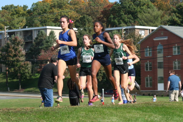 Lucy Srour and Nora McUmber lead Walter Johnson's Kiernan Keller and Abbey Green and Clarksburg's Lucie Noall at the Montgomery County Cross Country Championships. Photo: Charlie Ban