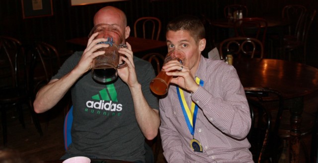 Mike Mongtomery drowns his sorrows after tearing his meniscus during the 2014 Boston Marathon and Ken Trombatore celebrates a successful race. Photo: Courtesy of Trombatore