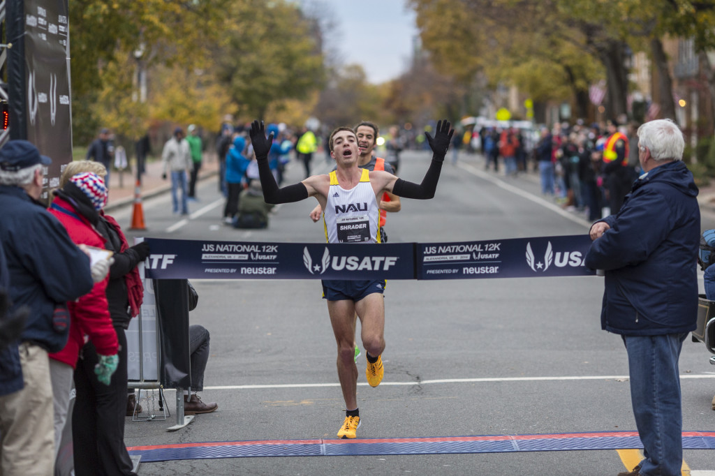 Brian Shrader pulled ahead of Diego Estrada in a sprint finish to win the .US National 12k. Photo: Dustin Whitlow
