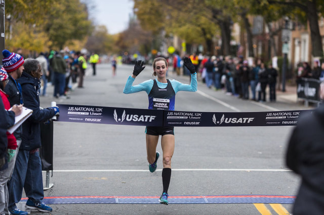 Molly Huddle breaks the tape for her second consecutive U.S. 12k championship. Photo: Dustin Whitlow