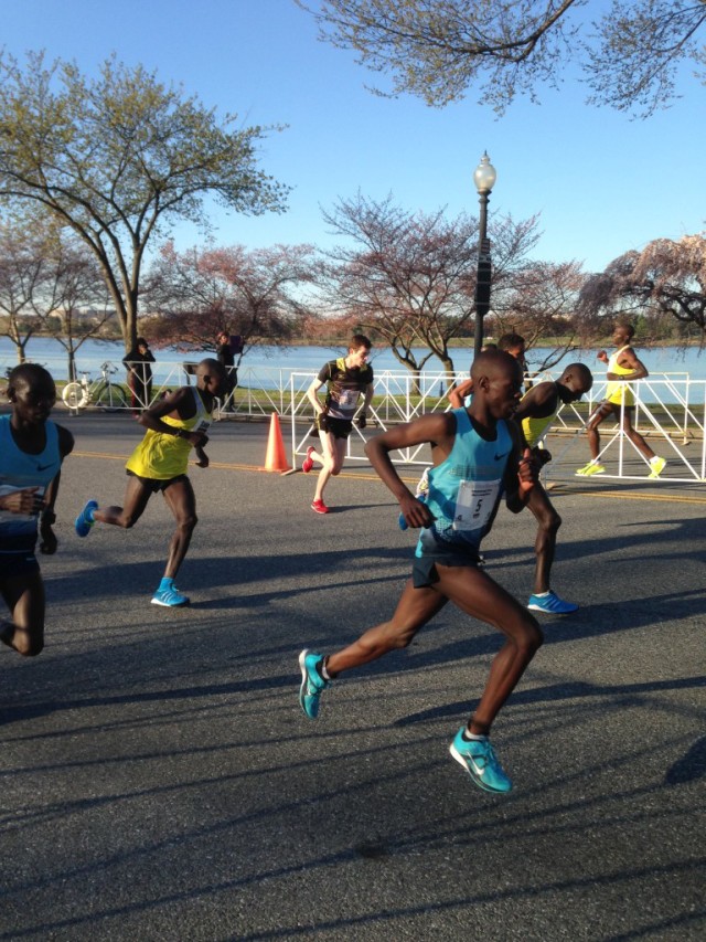 Christo Landry in the lead pack at the 2014 Cherry Blossom Ten Mile. Photo: Charlie Ban