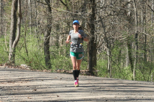 Margaret Campbell of Rockville, Md. finishes the Bull Run 50 Miler. Photo: Charlie Ban