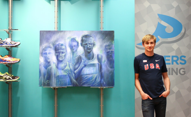 Landon Peacock and one of his paintings on display in the Logan Circle Pacers. Photo: Steve Laico