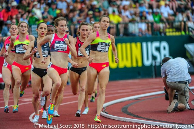 Kerri Gallagher pushes the pace against the USATF 1500m field, including eventual champ Jenny Simpson. Photo: Michael Scott