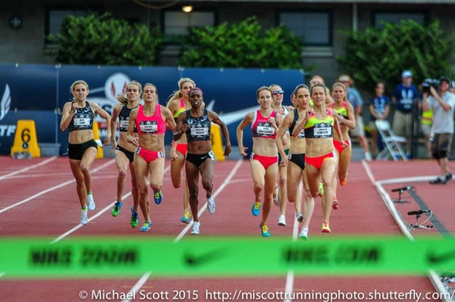 Kerri Gallagher (center right) chases down a podium finish in the USATF 1500m. Georgetown alumnae Rachel Schneider (second from left) and Treniere Moser  (immediately to the left of Gallagher) were also in the final. Photo: Michael Scott