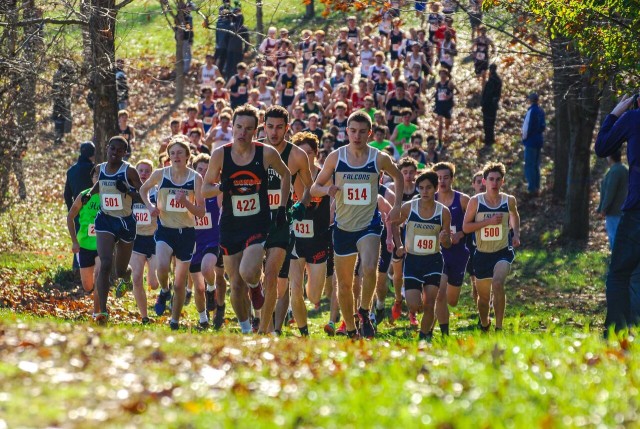 Dalton Hengst and Jack Wavering lead the large school varsity boys at the Maryland-D.C. Private Schools Cross Country Championship. Photo: Dan DiFonzo