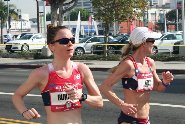 Teal Burrell races with Molly Friel during the U.S. Olympic Marathon Trials. Photo: Charlie Ban