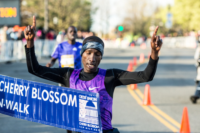 Sam Chelanga breaks the tape at the Cherry Blossom Ten Mile Run as the first American champion in 33 years. Photo: Dustin Whitlow