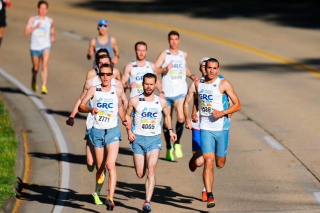 Jerry Greenlaw, Sam Luff and Carlos Jamieson lead the men's pack through the first mile of the George Washington Parkway Classic. Photo: Brian W. Knight/ Swim Bike Run Photography 