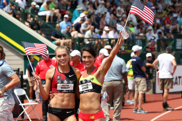 Colleen Quigley and Stephanie Garcia at the 2015 USA Outdoor Track & Field Championships, where both qualified for the world championships team. Photo: Andrew McClanahan/PhotoRun 