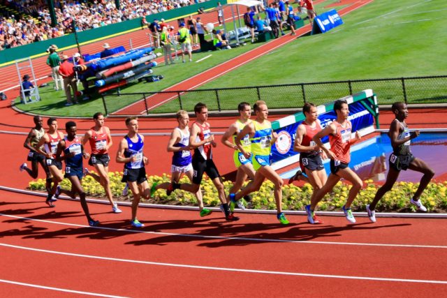 Sean McGorty (center) races in the 5,000 meter finals at the Olympic Trials. Photo; Ed Lull