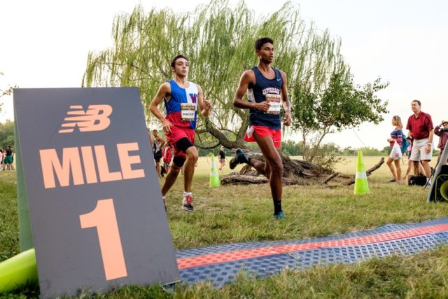 Saurav Velleleth leads John Mackay though the first mile during the DCXC Invitational senior race. Photo: Dustin Whitlow/DWhit Photography