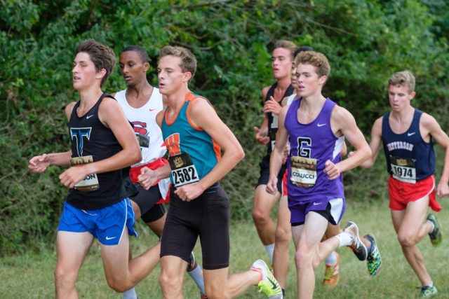 Derek Johnson leads Natnael Asmelash, Jay Hall, Ryan Lockett, John Colucci and Dylan Klapper in the DCXC Invitational junior race. Photo: Dustin Whitlow/DWhit Photography