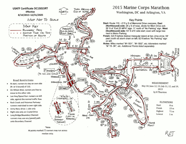 Click to enlarge the Marine Corps Marathon course map. The 2017 course will follow the 2015 course almost identically.