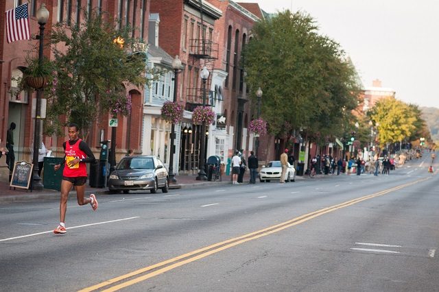 Girma Bedada holds a sizable lead five miles into the Marine Corps Marathon. Photo:Jimmy Daly Girma Bedada holds a sizable lead five miles into the Marine Corps Marathon. Photo:Jimmy Daly