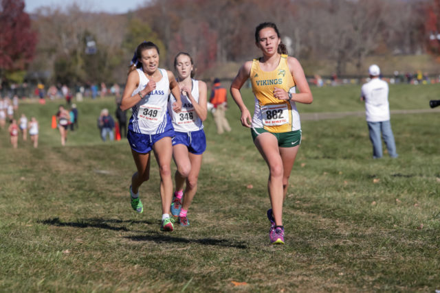 Natalie Morris increases her lead on Brooke Manion and Libby Davidson in the final stages of the 4A race. Photo: Bruce Buckley