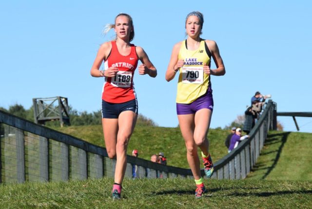 Rachel McArthur and Kate Murphy during the Virginia state meet. Photo: Charlie Ban