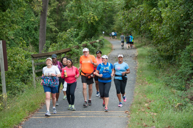 Steve Ferguson runs with his MCRRC Back of the Pack gang. Photo: Marleen van den Neste