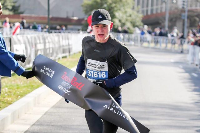 Sam Doud breaks the tape at the Rock 'n' Roll D.C. Marathon. Photo: courtesy of Rock 'n' 