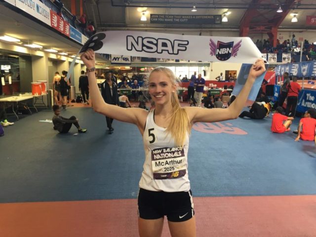 Rachel McArthur after winning the New Balance Indoor 800 meters. Photo: Lisa McArthur 