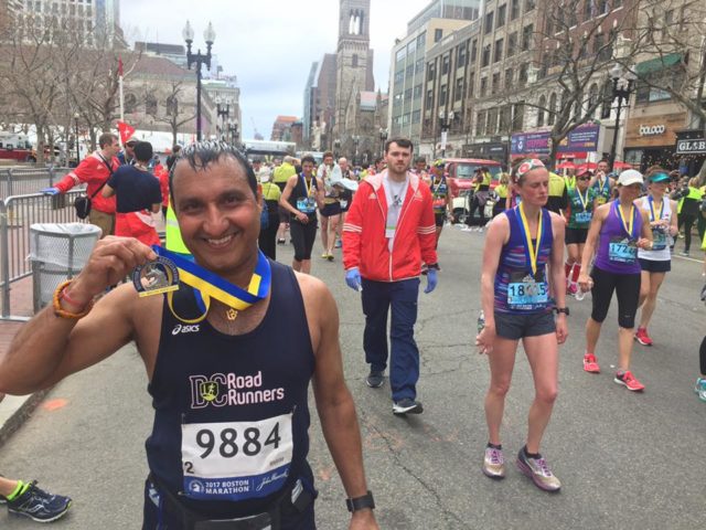 Vienna's Raj Bhanot celebrates finishing the 2017 Boston Marathon. Photo: courtesy of Raj Bhanot