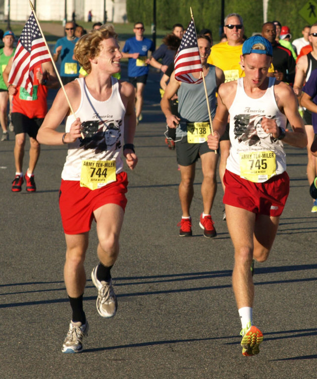 Dustin (left) and Hunter Jutras run the 2015 Army Ten-Miler. Photo courtesy of Jutras family. 