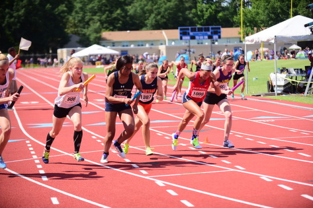 Seneca Willen, Devonya Brown, Rachel Mayberry, Sierra Biber and Shannon Browning lead off their respective 4x800 meter relays teams at the Virginia 6A championships. Photo: Lisa McArthur