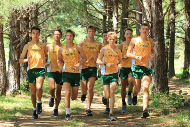 The Loundoun Valley top eight run their home course at Franklin Park in Purcelleville. From left: Peter Morris, Jacob Windle, Chase Dawson, Noah Hunter, Kevin Carlson, Conor Wells, Colton Bogucki, and Sam Affolder. RunWashington photo by Ed Lull. 