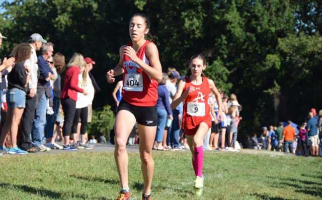 Heather Holt leads Julia Ghiselli approaching the two-mile mark at the Monroe Parker Invitational. Photo: Charlie Ban
