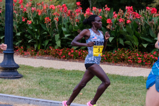 Army Ten-Miler winner Susan Tanui approaches the two-mile mark. Photo: Dustin Whitlow/DWhit Photography